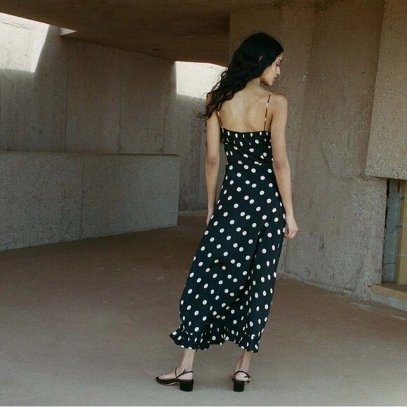 Doen Rosaria Silk Polka Dot Ruched Bust Midi Maxi Dress Solstice Sky Black - Picture 5 of 15